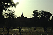 Children playing soccer in front of the National Museum in Phnom Penh